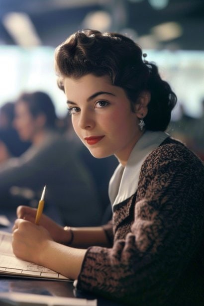 A young female professional, looking satisfied and thoughtful, taking notes at a workstation, surrounded by a diverse and dynamic office environment, highlighting the learning aspect of temp-to-hire roles.