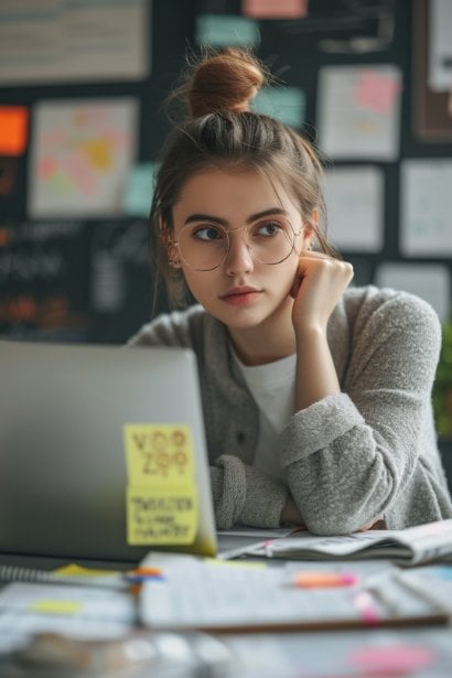A young female professional, looking organized and proactive, sitting at her desk surrounded by notes and a laptop displaying a strategic plan. Her expression is focused and determined, illustrating the preparation and planning involved in successfully requesting a transfer.