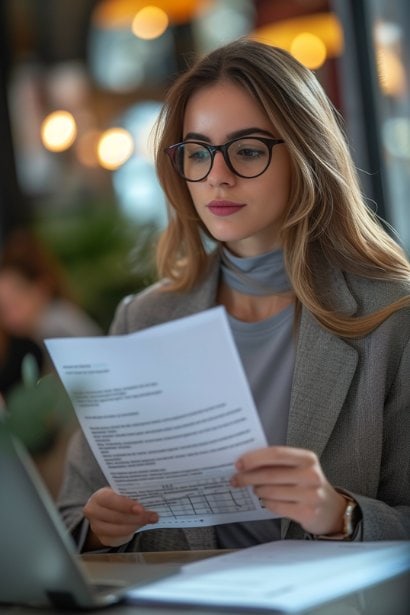 A female professional reviewing a printed email, with a notepad beside her where she’s jotting down key points. Her expression is serious and focused, reflecting the best practice of carefully analyzing and documenting feedback.