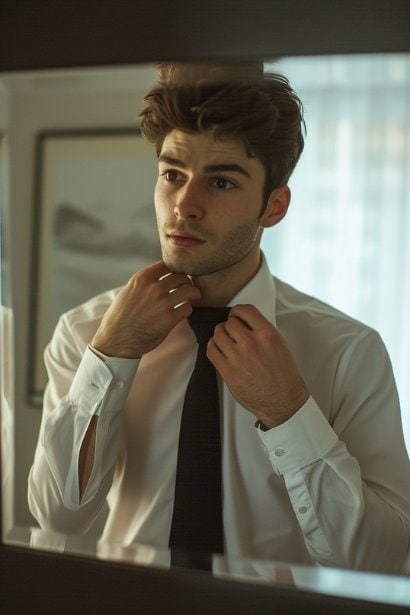 A photo capturing a young male professional looking in the mirror, straightening his tie, with a confident and self-assured expression. The mirror reflects his strong posture, symbolizing the building of assertiveness and self-esteem.