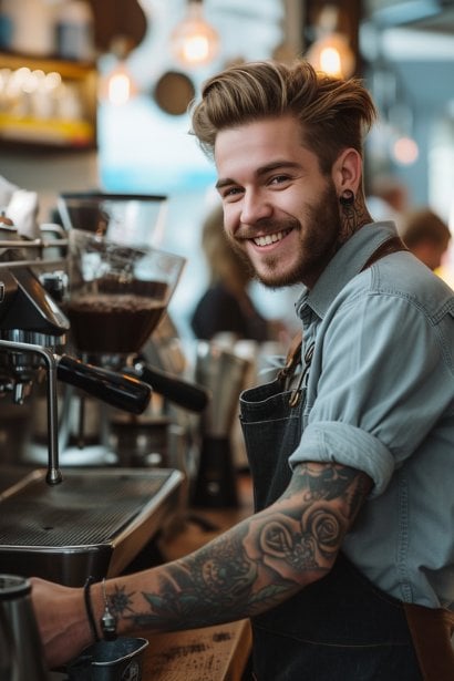 A male barista, around 25, working in a trendy coffee shop, with a visible forearm tattoo. He is smiling and interacting positively with customers, showcasing an environment with a more relaxed policy towards tattoos.
