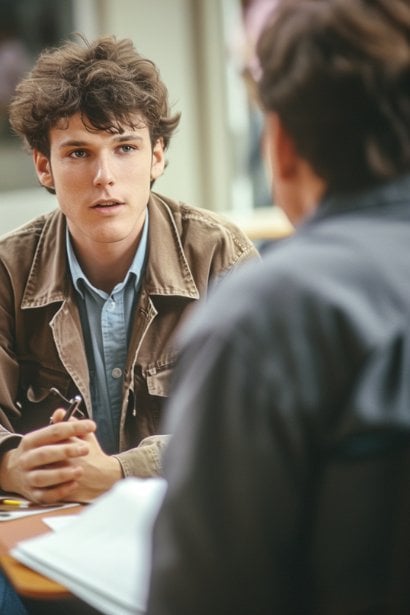 A candid shot of an interview in progress, featuring a young male candidate and an interviewer, possibly in their mid-career. The candidate is sitting upright, looking engaged and thoughtful, as he responds to a question. The interviewer, with a neutral expression, listens intently, holding a pen and a clipboard with interview notes. The focus is on the candidate's expressive communication.