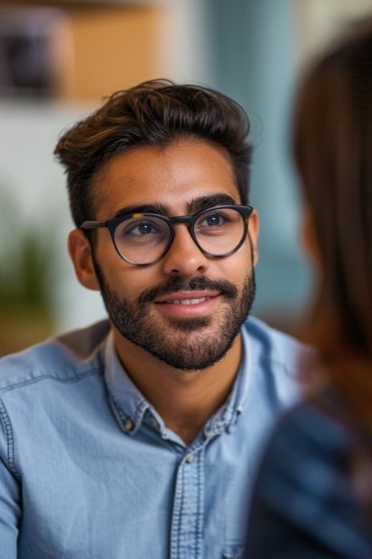 A close-up of two professionals (one male, one female) in a casual office setting, with the male thanking the female. The male professional has an expression of gratitude and sincerity, while the female displays a supportive and pleased demeanor.