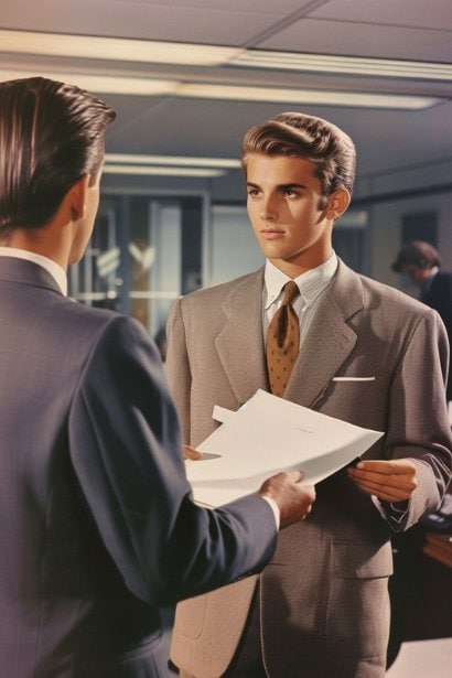 A young male professional, appearing respectful and composed, handing over a resignation letter to a supervisor in a well-lit, modern office space. The supervisor, slightly older and of any gender, is accepting the letter, signifying a professional and courteous communication of the decision.