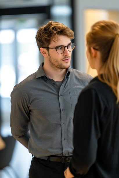 A male professional in his 30s, engaged in a respectful and serious conversation with his boss, a female executive. The setting is a quiet, private office. His posture is attentive and receptive, while the boss, who appears empathetic yet firm, is providing feedback.