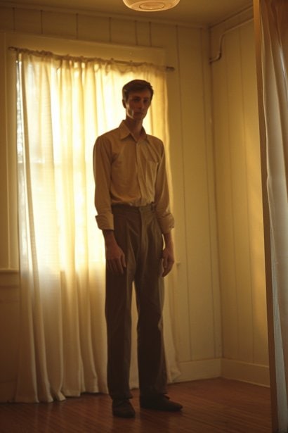 A man standing alone in a softly lit room, his expression earnest and apologetic as he practices an apology in front of a mirror. His posture is open and vulnerable, highlighting the sincerity of his remorse and his commitment to personal growth.