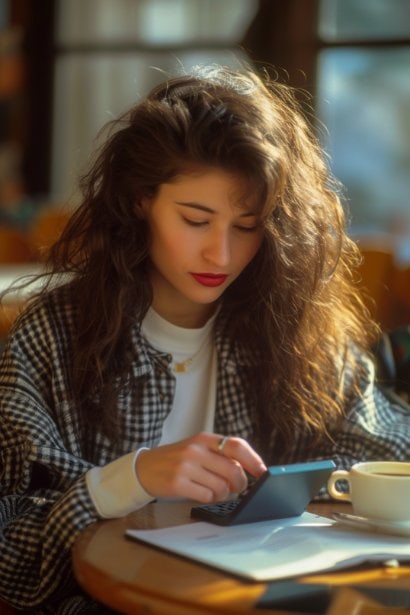 A young female professional, looking focused and attentive, is typing a text message on her smartphone. She is seated at a café with a notepad and a cup of coffee, symbolizing a relaxed yet productive setting for crafting concise and clear confirmation texts.