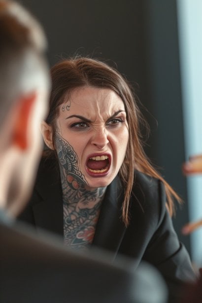 A young female professional, in her early 30s, in a job interview setting. She has face tattoos and is looking annoyed and is yelling at the interviewer. This captures the apprehension of having visible tattoos in certain professional scenarios.