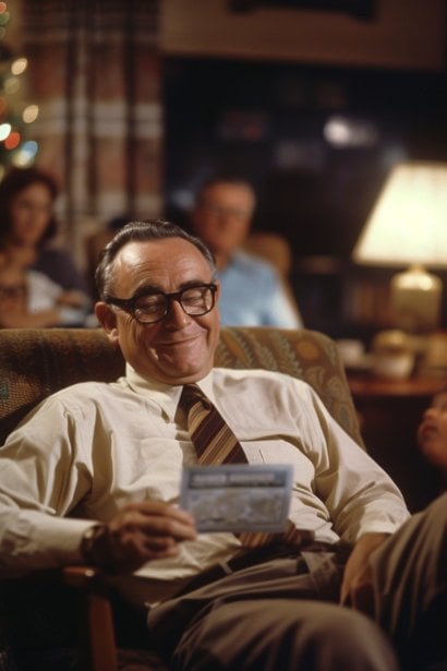 A middle-aged male professional, looking grateful and relieved, sitting on a couch at home with a bonus check in hand, while his family (in the blurred background) is engaging in holiday activities, reflecting the impact of the bonus during holiday or year-end times.