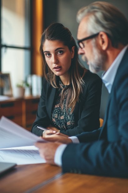 A young female professional, looking focused and careful, reviewing a temp-to-hire contract with a legal advisor, a middle-aged male. They are sitting in a professional office, with the contract spread out on the desk.