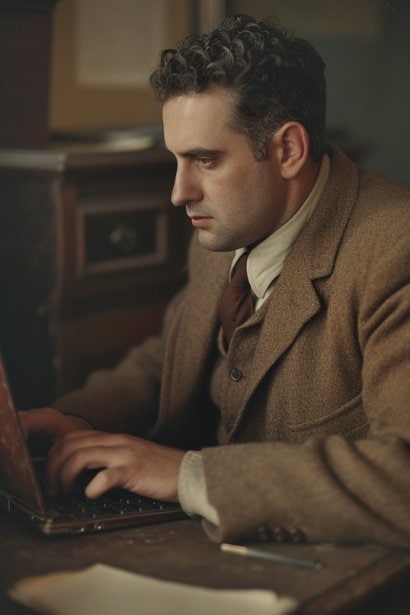 A male professional typing on a laptop, his expression focused and determined. He's in a well-lit office, indicating he's in the process of composing a thoughtful and professional email response.