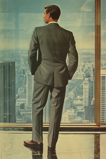 A mid-aged male executive, in a well-tailored suit, standing in a modern corporate office space. He's looking out of a large window, with a contemplative expression, symbolizing deep thought about the corporate world's structure and environment. The background shows a glimpse of a bustling cityscape, reflecting the corporate setting.