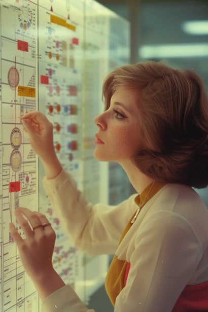 A young female professional, in a thoughtful and analytical pose, examining a large, clear bulletin board that visually distinguishes between skills and attributes. The board contains sticky notes and diagrams that categorize and compare various skills and attributes, symbolizing the process of understanding their differences and how they complement each other in personal development.