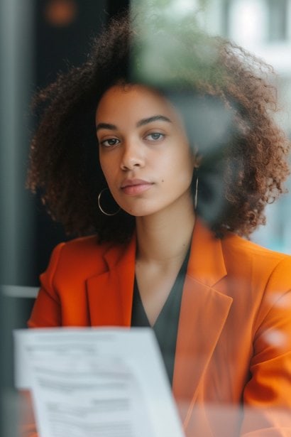 A female professional, showing a mix of concentration and confidence, rehearses in front of a mirror. She's holding flashcards with common interview questions and is practicing her responses, indicating her preparation for potential interview scenarios.