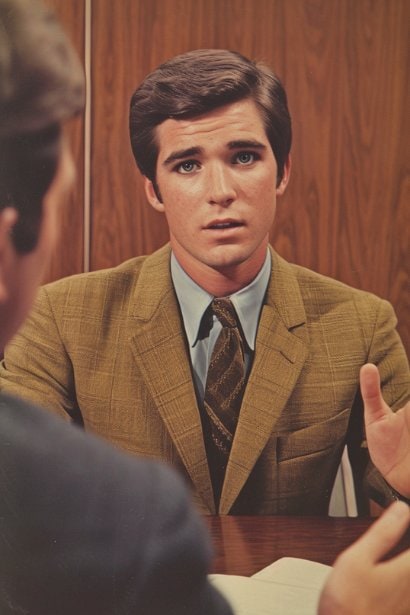 A close-up of a young male professional, seated in an interview room, confidently addressing the interviewer (not in frame). His posture is upright, he's making a hand gesture that indicates he's mid-conversation, and his expression is one of confidence and engagement.
