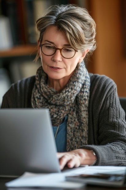 A middle-aged female professional, looking concentrated and meticulous, composing a response email on her laptop. Her posture and expression should convey seriousness and professionalism, highlighting the importance of proper email etiquette.