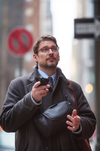 A resourceful and detailed-oriented male professional, looking helpful and considerate, is using his smartphone to send a detailed confirmation text with additional information. He’s in an urban setting, possibly outside a meeting venue, pointing towards directional signs, enhancing the practicality of his message.