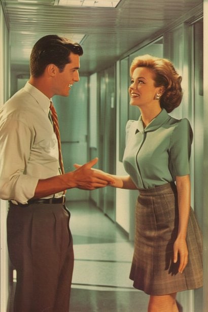 A male and a female professional, both in business attire, are having a friendly conversation in a bright office hallway. The female is gesturing with an open hand, and the male is smiling, portraying a balance of professionalism and amiability.