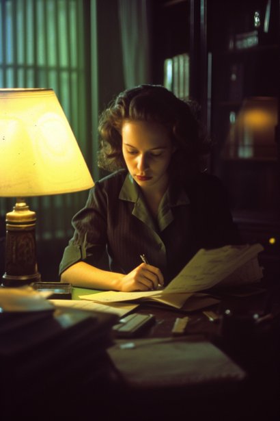A late-night scene in a home office where a young female, in her mid-twenties, is working intently at her desk. The room is lit by soft, ambient lighting, emphasizing the impact of the environment on nocturnal productivity. She should appear concentrated yet comfortable in her workspace.