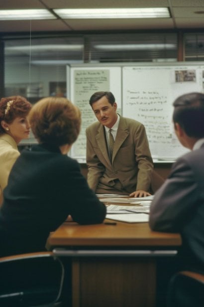 A small group meeting in an open office space. They are gathered around a table with a whiteboard in the background. The group appears to be in a lively discussion, with one man explaining a point and the others listening and contributing. This scene encapsulates the dynamics of team interaction and the importance of fitting in.