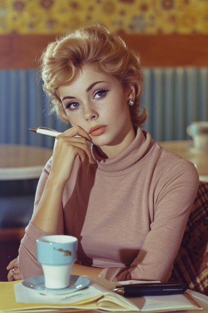 A young female professional, sitting at a café with a thoughtful expression, holding a pen and notebook. She is jotting down pros and cons, symbolizing the introspection and evaluation involved in deciding to reapply for her old job.