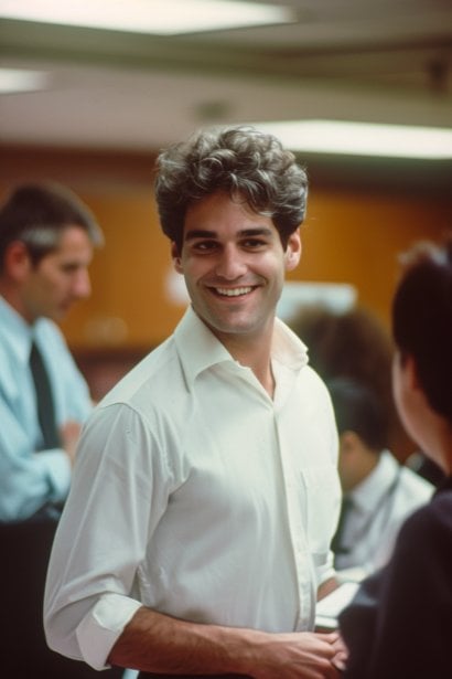 A young male professional, looking cheerful and approachable, responding to a colleague's congratulatory message in a relaxed office environment. His expression and body language should indicate friendliness and gratitude.