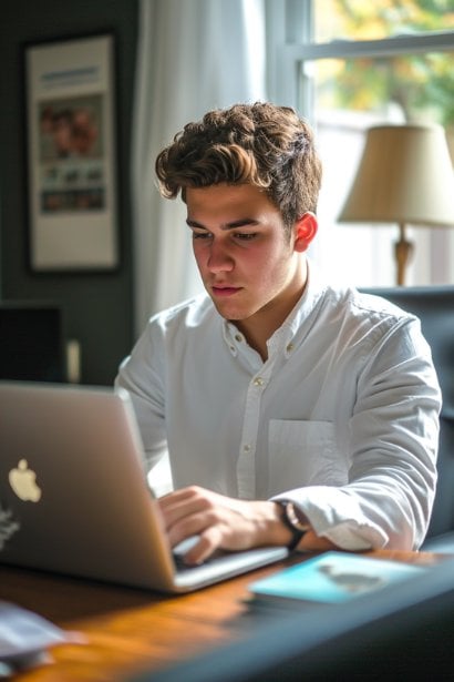 A young male professional, looking inspired and focused, browsing through career websites on his laptop in a home office setting. His expression and posture indicate his active search for alternative career paths.