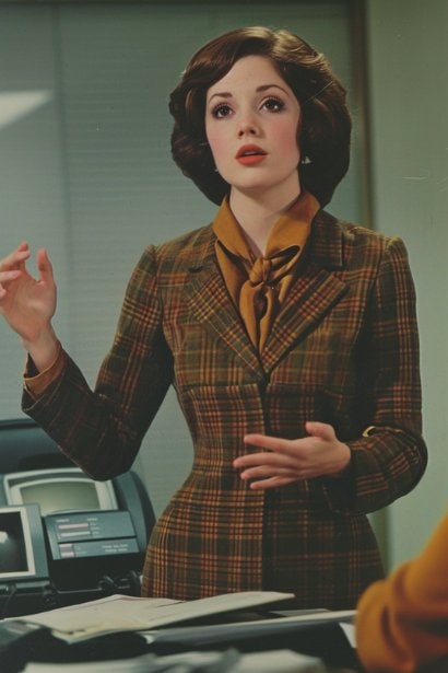 A portrait of a young female professional, standing in an office, confidently expressing her thoughts to a colleague (partially visible). Her hands are animated, and her expression is passionate and earnest, demonstrating her commitment and alignment with the company's values.