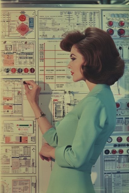 A female HR professional, looking analytical and concentrated, standing in front of a large office whiteboard. The board is filled with a complex diagram showing different factors influencing interview schedules, such as industry norms and company size, with the professional pointing to various elements of the diagram.