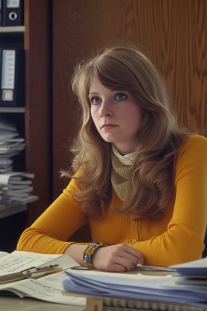 A female professional in her late 20s, sitting at a desk with a focused and serious expression. She's documenting instances of incompetence in a logbook, with emails and reports spread out in front of her. The office setting is minimalistic, emphasizing her attention to detail.