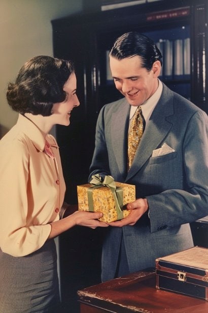 A male professional, smiling with gratitude, presenting a small, tastefully wrapped gift to a female colleague in a casual office environment. The colleague is accepting the gift with a delighted and appreciative expression, illustrating a thoughtful gesture of thanks.