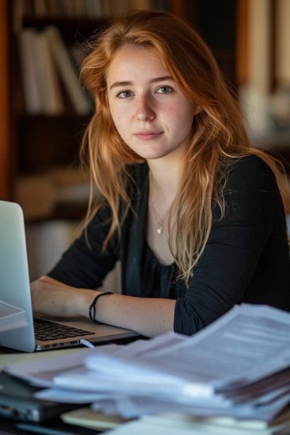 A young female professional, looking determined and analytical, surrounded by documents and a laptop, highlighting her engagement in sorting out additional details of the promotion.