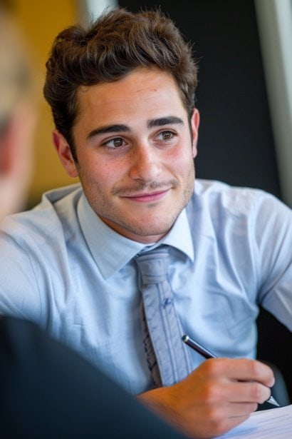 A close-up of a young male professional in the midst of a challenging interview. He appears calm and composed, with a slight, confident smile, as he thoughtfully answers a tough question. The interviewer's hand is visible, holding a pen and paper, taking notes.