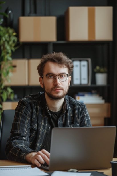 A male employee in his early 30s, engaged in a video call on his laptop, with boxes of work equipment ready to be returned in the background. He looks composed but serious, indicating his preparation to handle the transition of quitting remotely.