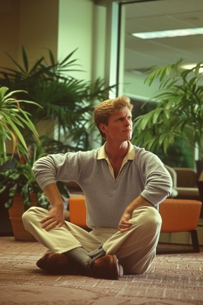 A male employee, around thirty years old, taking a break in a lounge area of the office. He's performing stretching exercises, looking relaxed and rejuvenated. The environment includes elements like plants and ergonomic furniture, emphasizing a focus on well-being at work.