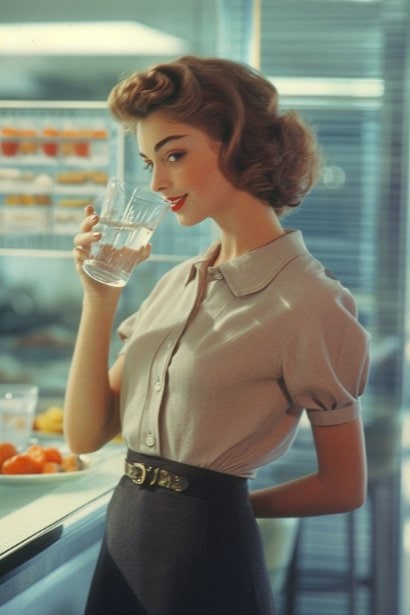 A female employee in her mid-30s, standing in a bright, airy office kitchen area, drinking a glass of water. She's dressed in smart casual attire, looking at ease with a mild smile. The background includes healthy snacks and a bulletin board with wellness tips, emphasizing the focus on health in the workplace.
