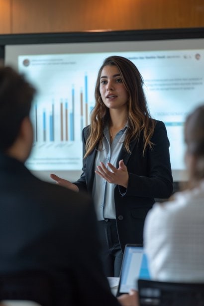 A young female professional, in a business suit, presenting a slideshow in a small meeting room. The screen shows a graph highlighting growth, with her confidently explaining her enhanced skills, emphasizing her value to a small audience of potential employers.