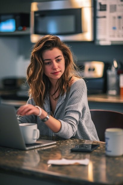 A female employee in her late 20s, sitting alone in a break room, looking visibly stressed and contemplative. She's holding a cup of coffee, with her laptop open showing a work-related spreadsheet, symbolizing her contemplation of the challenging work environment.