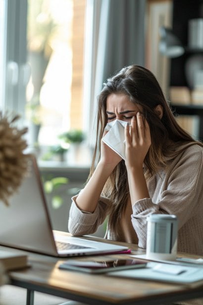 A female professional, in her late 20s, working remotely from a cozy home office. She's on a video call, showing mild symptoms of illness like a tissue box nearby, illustrating the new dynamics of sick days in the era of remote work.