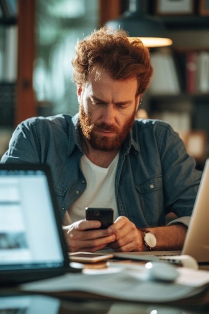 A multi-tasking male executive, looking focused and efficient, is seen in his office surrounded by multiple devices. He’s sending a confirmation text on his phone, with an email draft open on his laptop and a landline phone at the ready, demonstrating the use of various communication channels for meeting confirmations.