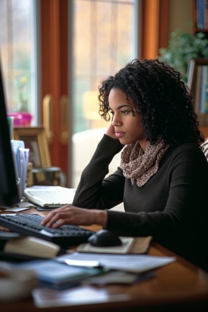 A determined young female professional sitting at a computer in a home office, engaged in online job searching or networking. She appears focused and proactive, with a phone in one hand and typing on a keyboard with the other, highlighting active job hunt strategies.
