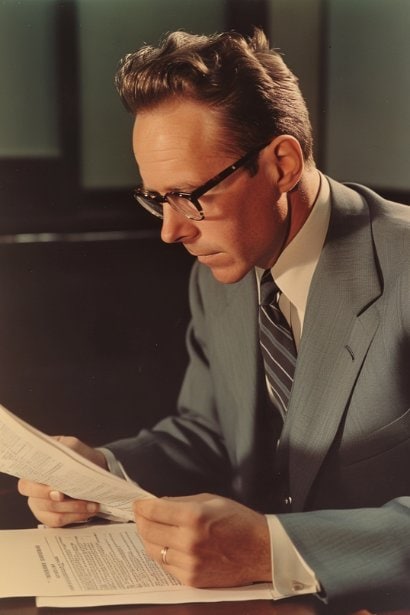 An image of a mid-aged male employee, looking content and secure, reviewing a document that represents a benefits plan. He's sitting at his office, which exudes a sense of stability and long-term career prospects.