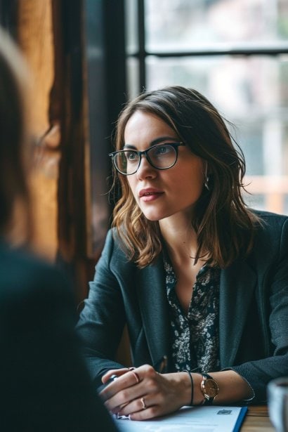 A female employee, looking assertive and informed, consulting with a legal advisor or HR representative. The setting is a formal office environment, and they are discussing a document, symbolizing awareness of legal rights.