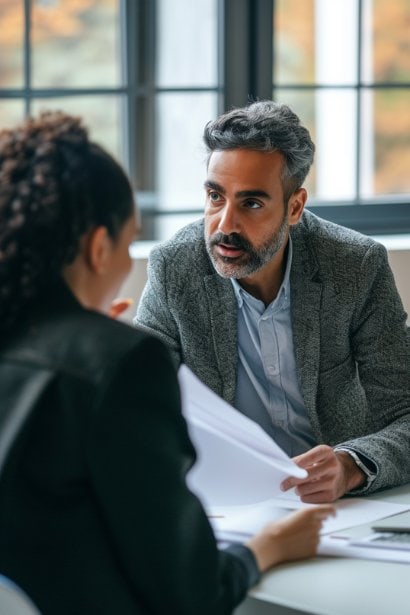 A male legal advisor, in his 30s, explaining a document to a young female employee. Both are sitting in a bright, modern office. The employee looks attentive and reassured, while the advisor appears professional and informative. This scene represents the process of understanding legal rights and protections related to transfer requests.