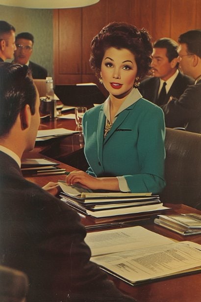 A female legal advisor, looking professional and assertive, discussing with a small group of managers in a boardroom. The room has legal books and documents, emphasizing the focus on legal and ethical aspects of employee resignations.