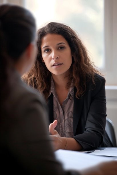 A professional legal consultation with a female HR professional in her 40s, looking knowledgeable and reassuring, discussing legal and ethical workplace issues with a concerned employee. The setting conveys a sense of seriousness and confidentiality.