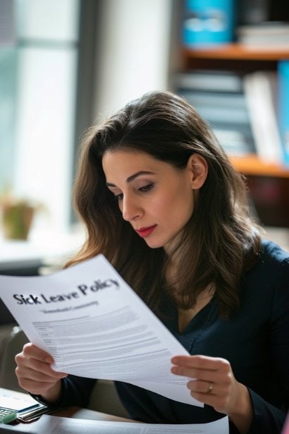A female HR professional in her late 30s, looking focused and professional, reading a document titled "Sick Leave Policy". She's sitting in a well-lit office, with a computer and legal books on the desk, symbolizing the importance of understanding legal aspects of sick leave.