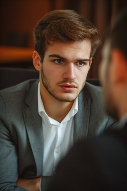 A photo depicting a young male professional in a serious discussion with a legal advisor or HR representative. The professional looks earnest and engaged, seeking advice on the legal and professional implications of his resignation, emphasizing the importance of understanding contractual obligations.
