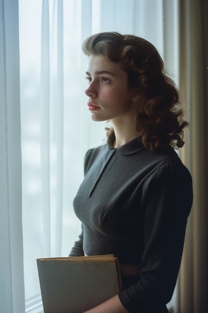 An image capturing a young female professional standing near a window, looking contemplative yet hopeful. She's holding a notebook, possibly reflecting on her achievements or lessons learned, symbolizing the process of moving past guilt.