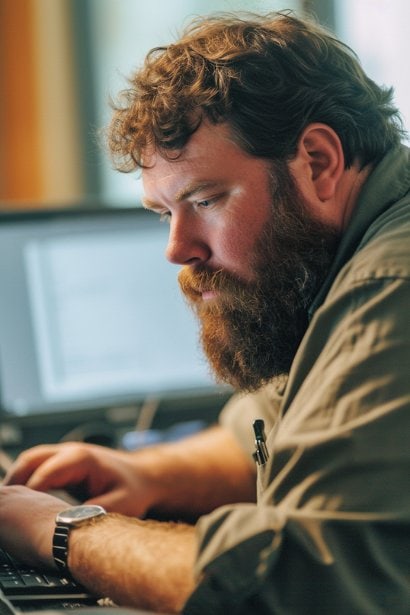 A tech-savvy male professional, with an expression of concentration and expertise, is configuring an automated text message system on his laptop. His desk is equipped with the latest technology, highlighting the integration of digital tools in appointment confirmations.